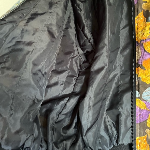 Vintage 100% Silk Bomber Black Jacket Fall Autumn Leaves Pattern S-L Unisex - Picture 10 of 12